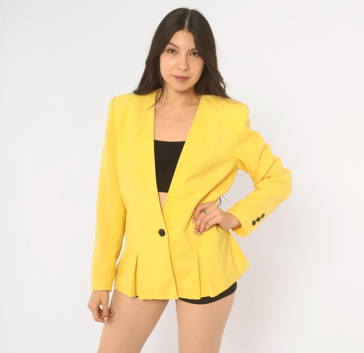 80s Sasson Yellow Blazer Shoulder Pads V Neck Collarless Small