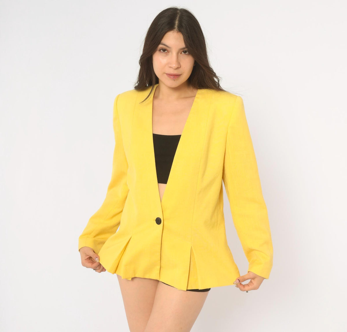 80s Sasson Yellow Blazer Shoulder Pads V Neck Collarless Small