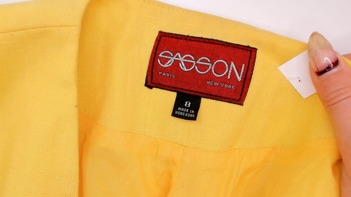 80s Sasson Yellow Blazer Shoulder Pads V Neck Collarless Small