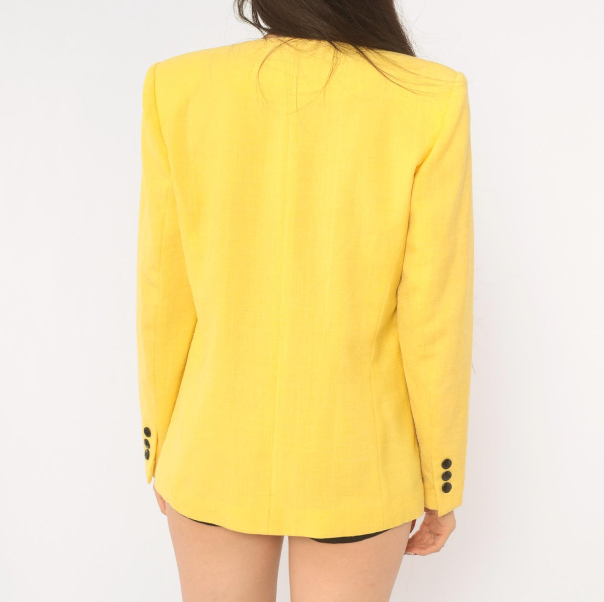 80s Sasson Yellow Blazer Shoulder Pads V Neck Collarless Small