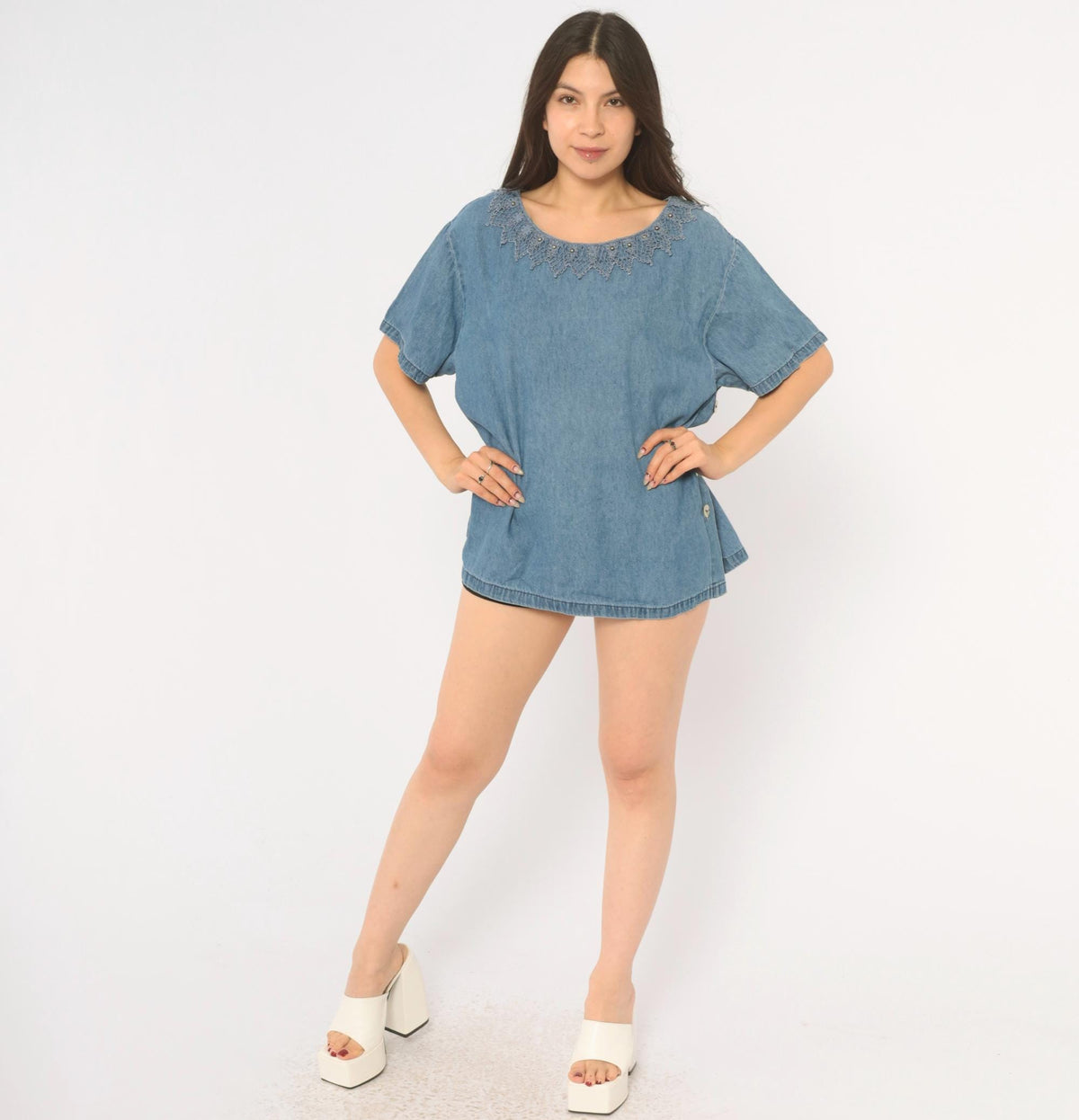 90s St. Joanne Jeans Denim Blouse Blue Chambray Crochet Lace Boxy Large L