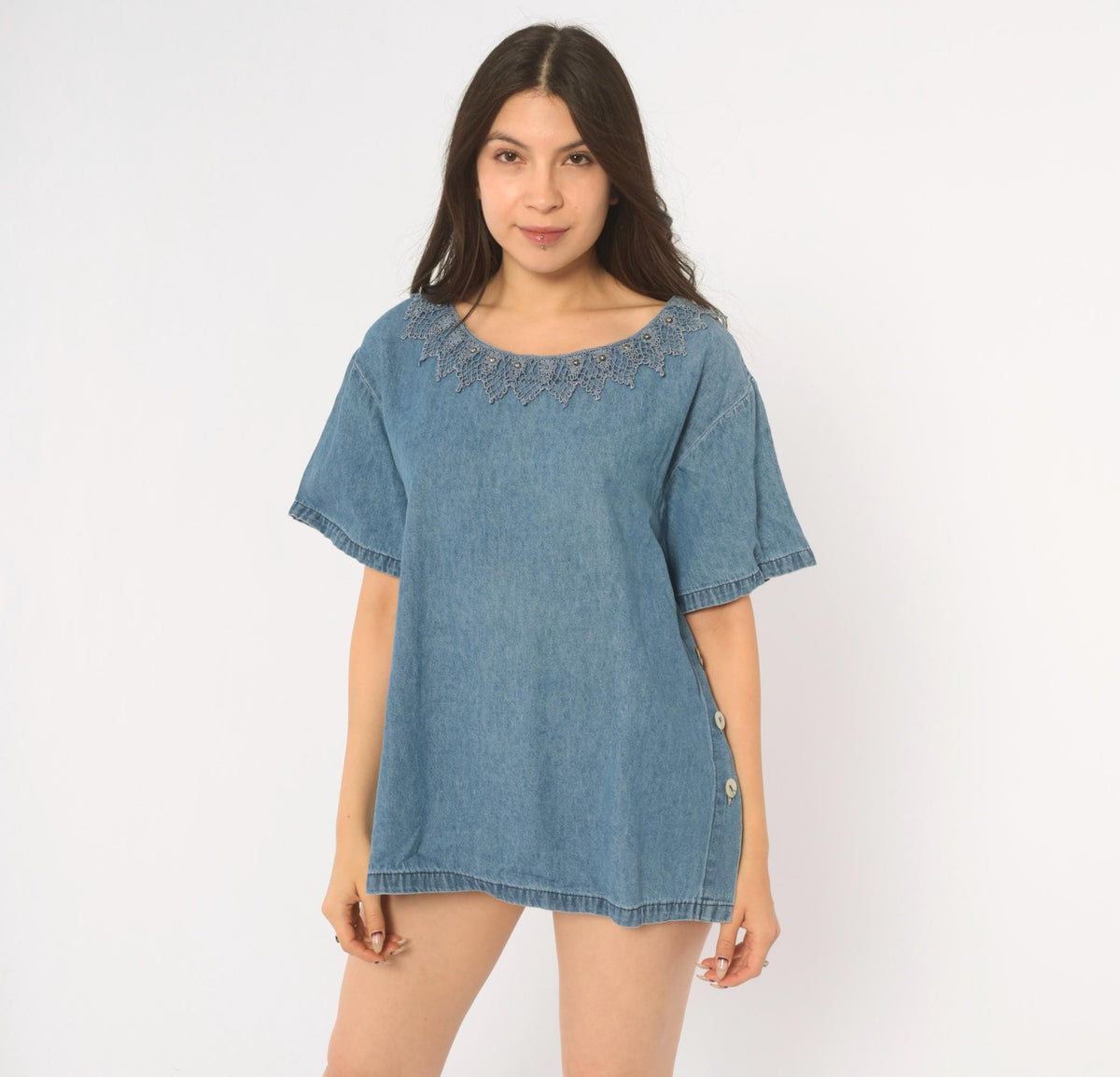 90s St. Joanne Jeans Denim Blouse Blue Chambray Crochet Lace Boxy Large L