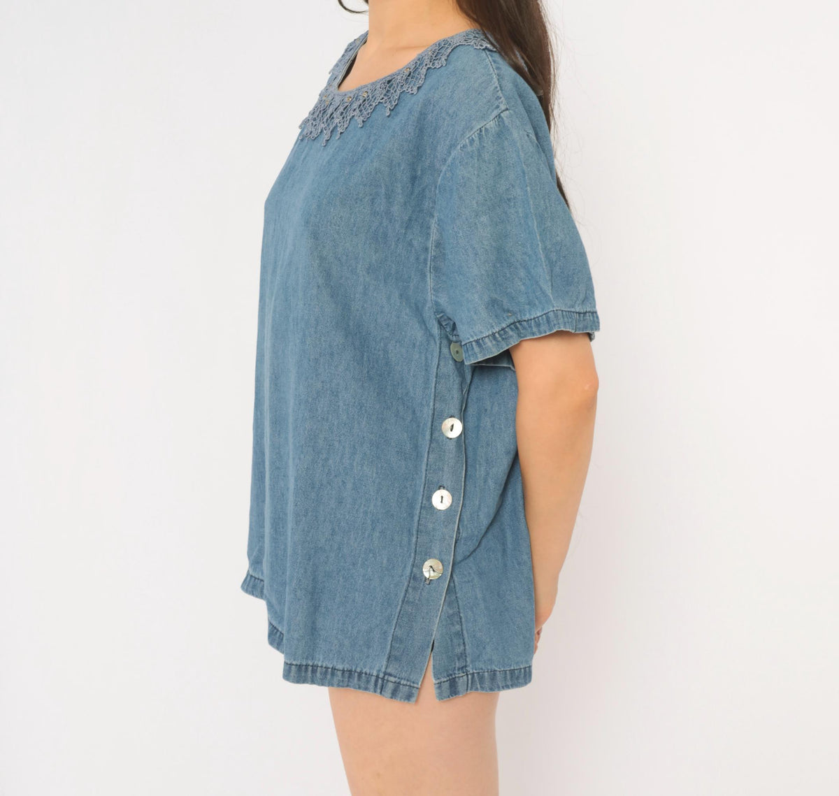 90s St. Joanne Jeans Denim Blouse Blue Chambray Crochet Lace Boxy Large L