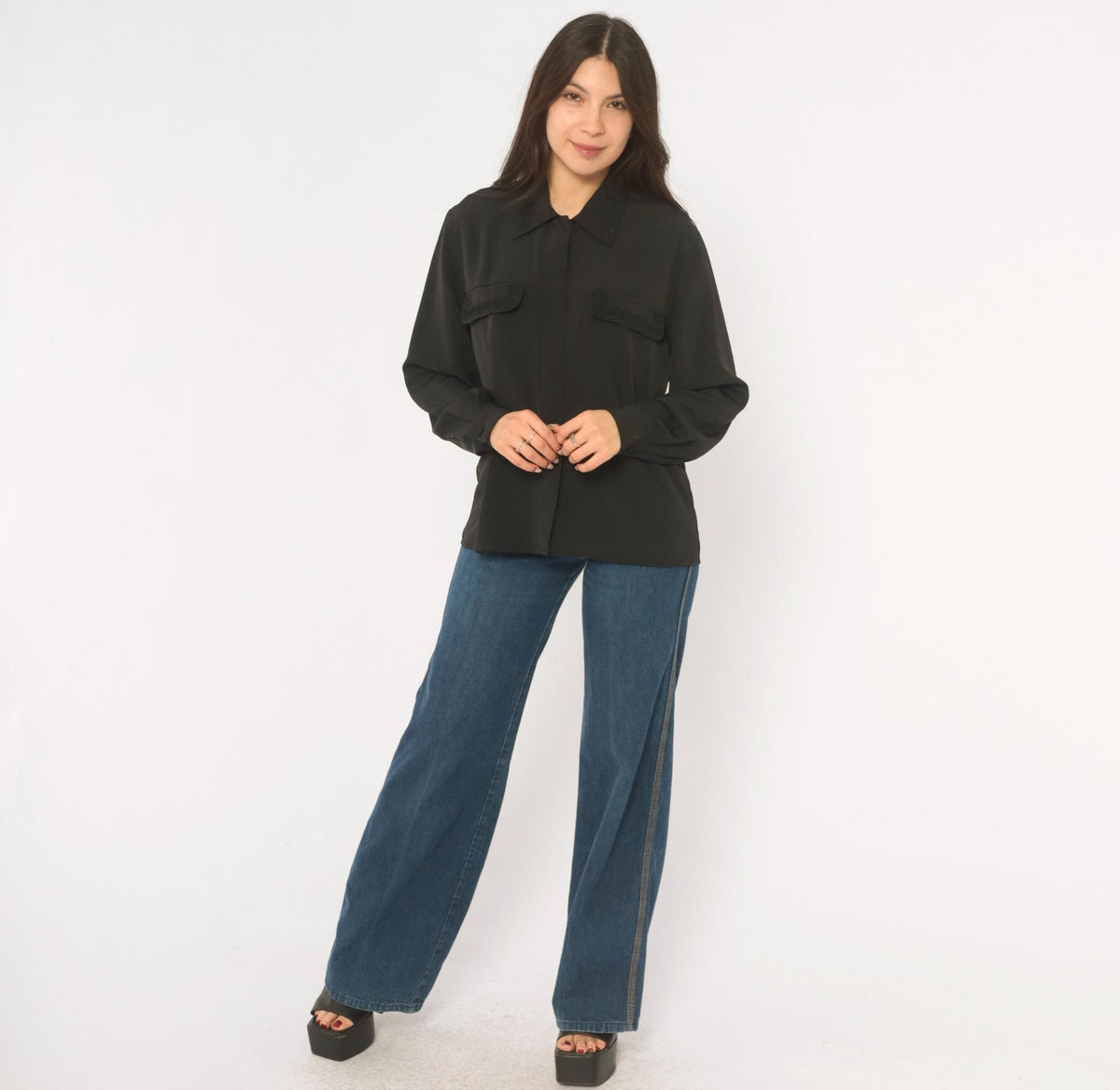 90s Fiji Sport Black Soutache Blouse Pointed Collar Embroidered Small S