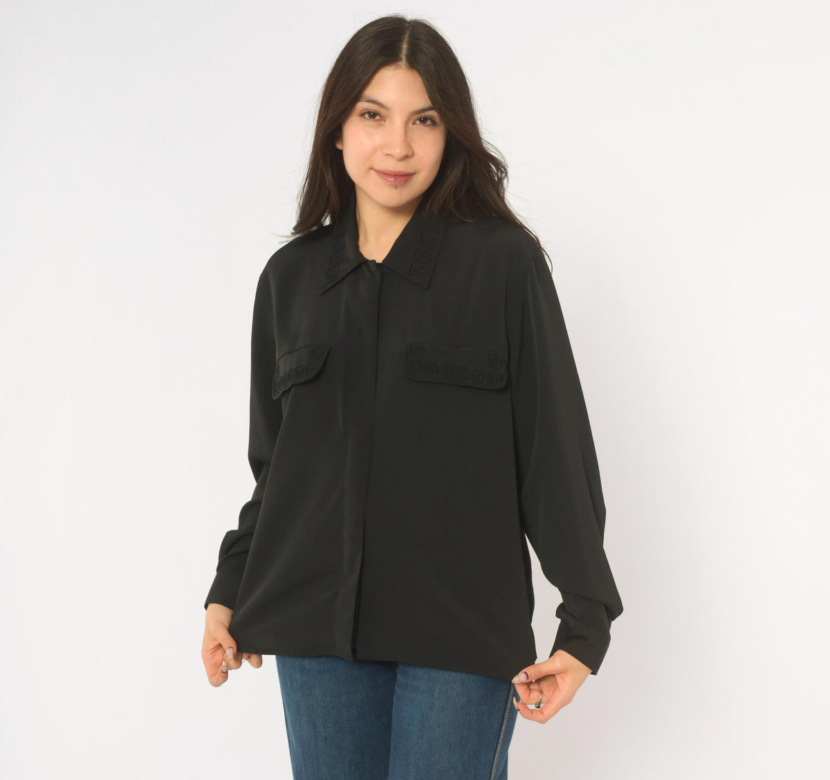 90s Fiji Sport Black Soutache Blouse Pointed Collar Embroidered Small S