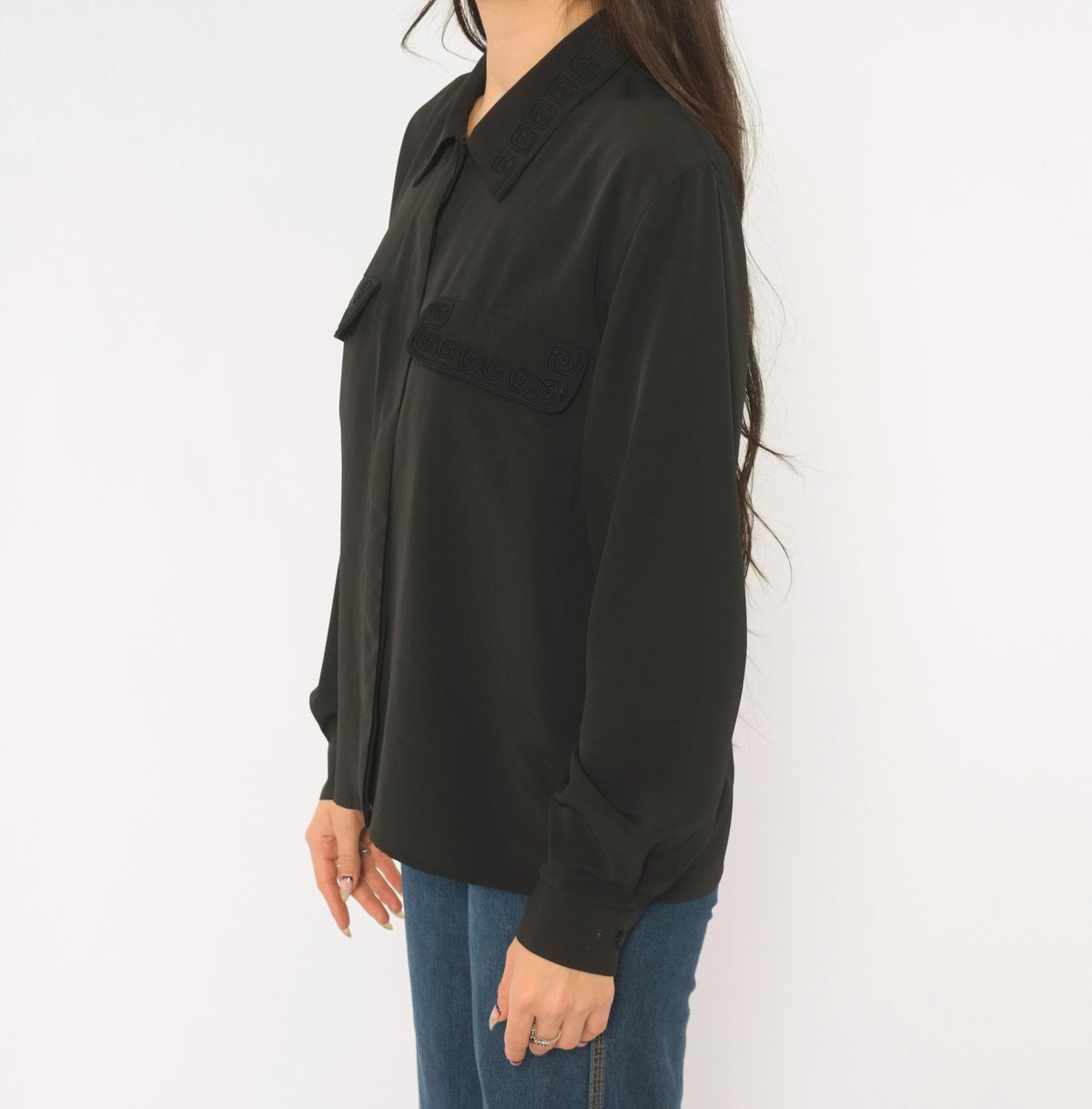 90s Fiji Sport Black Soutache Blouse Pointed Collar Embroidered Small S