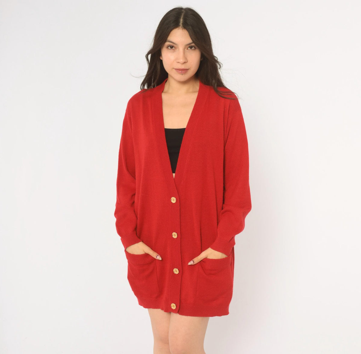 90s Red Wool Cardigan Patrick Tricot Deep V Knit Jacket Medium M