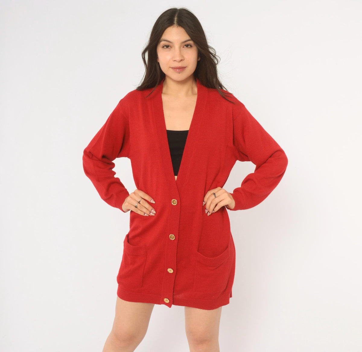 90s Red Wool Cardigan Patrick Tricot Deep V Knit Jacket Medium M