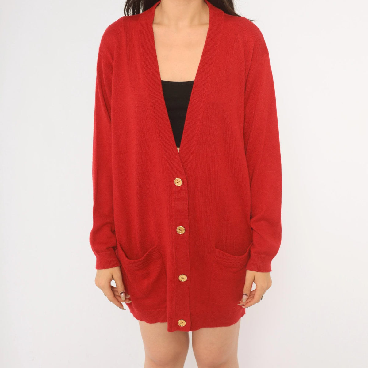 90s Red Wool Cardigan Patrick Tricot Deep V Knit Jacket Medium M