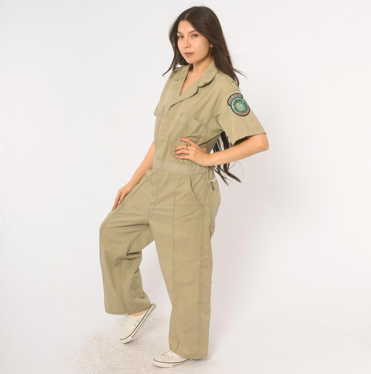 80s Texas Parks Wildlife Beige Coveralls Jumpsuit Short Sleeve Medium