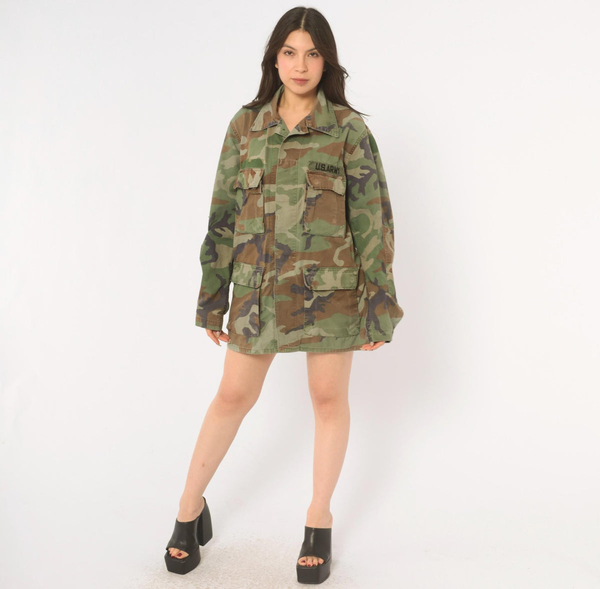 90s US Army Camouflage Field Shirt Olive Green Brown Cotton Button Front Medium