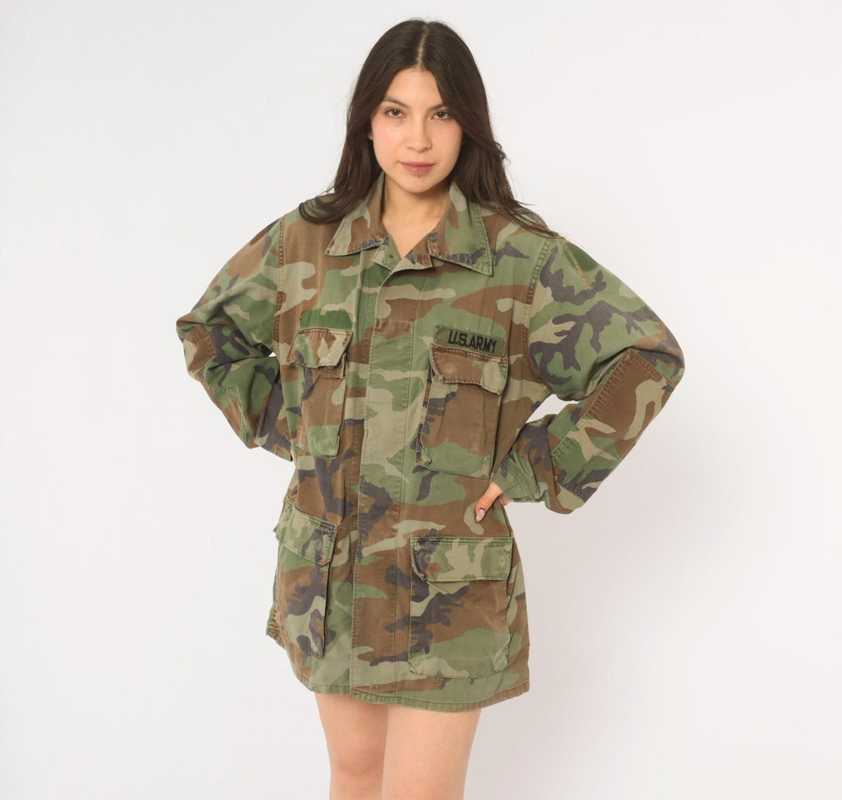 90s US Army Camouflage Field Shirt Olive Green Brown Cotton Button Front Medium