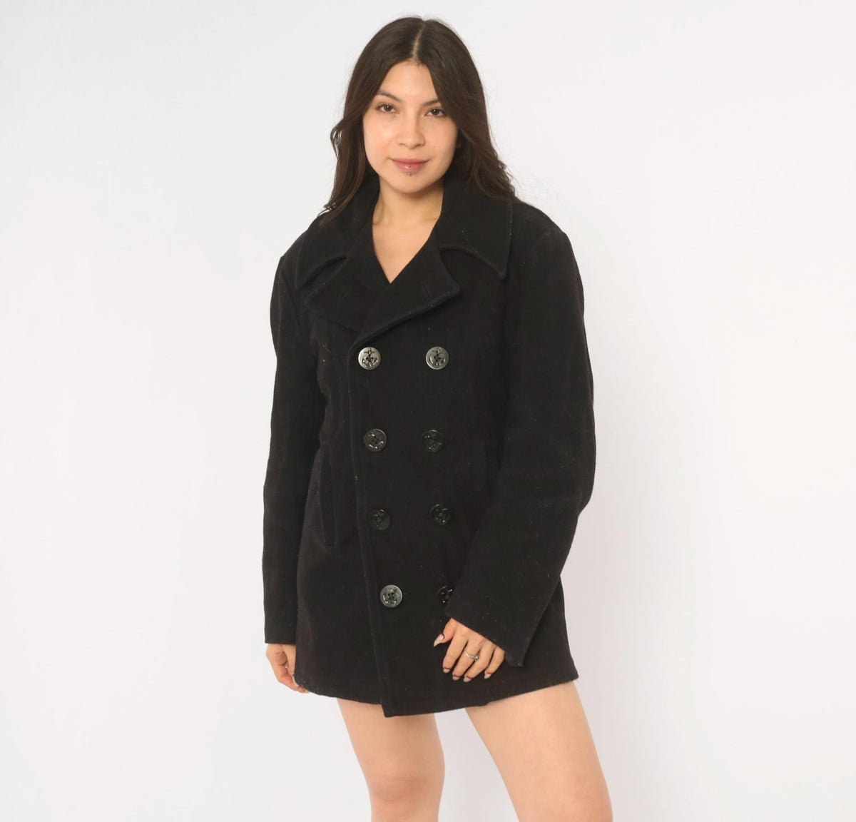 80s Black Wool Peacoat Double Breasted Anchor Button Military Jacket Small S