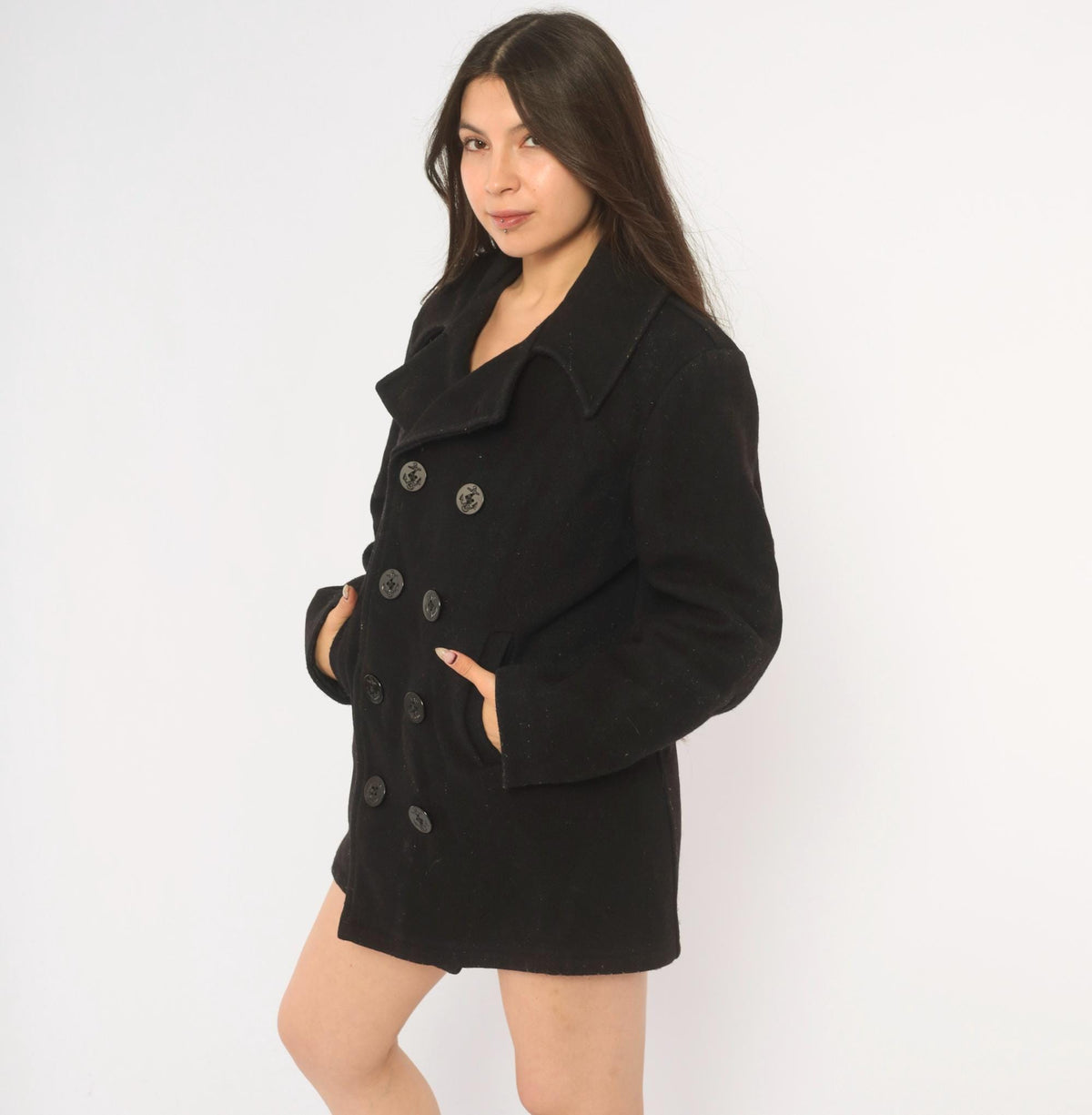 80s Black Wool Peacoat Double Breasted Anchor Button Military Jacket Small S