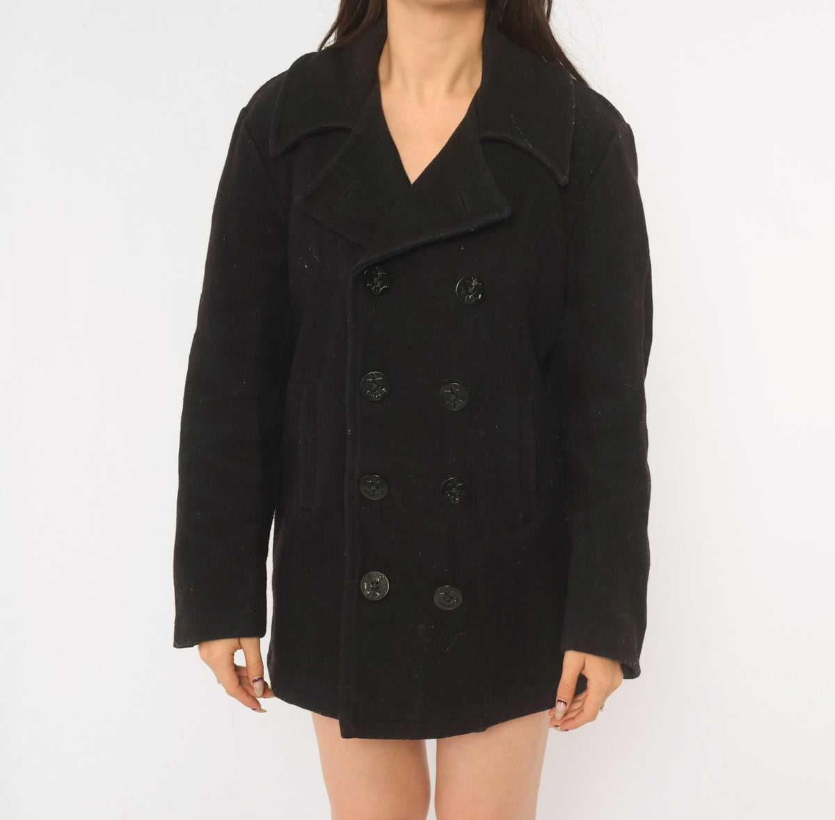 80s Black Wool Peacoat Double Breasted Anchor Button Military Jacket Small S