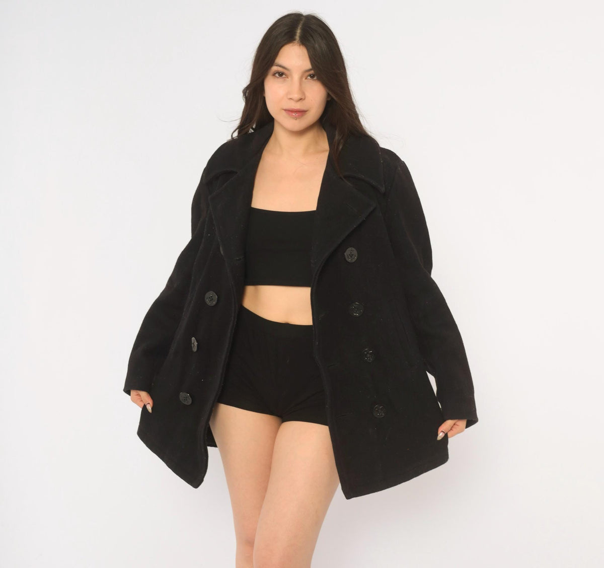 80s Black Wool Peacoat Double Breasted Anchor Button Military Jacket Small S