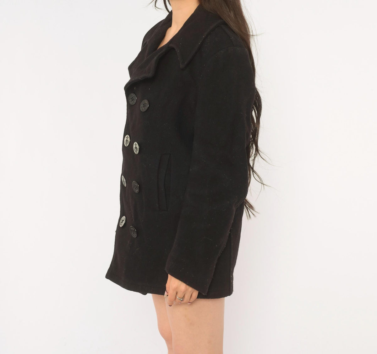 80s Black Wool Peacoat Double Breasted Anchor Button Military Jacket Small S
