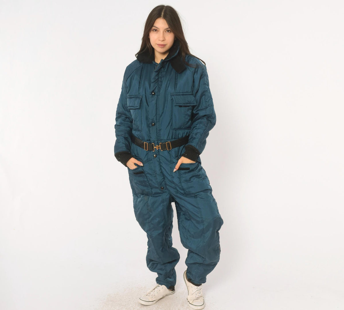 70s Walls Blizzard Pruf Navy Insulated Coveralls Hooded Quilted Ski Suit Medium