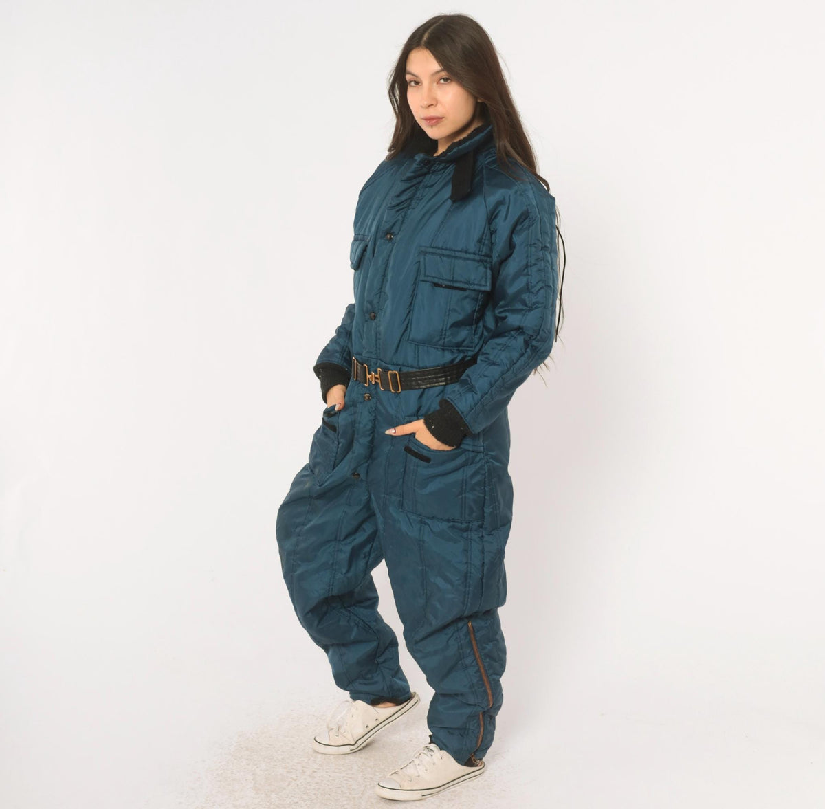70s Walls Blizzard Pruf Navy Insulated Coveralls Hooded Quilted Ski Suit Medium