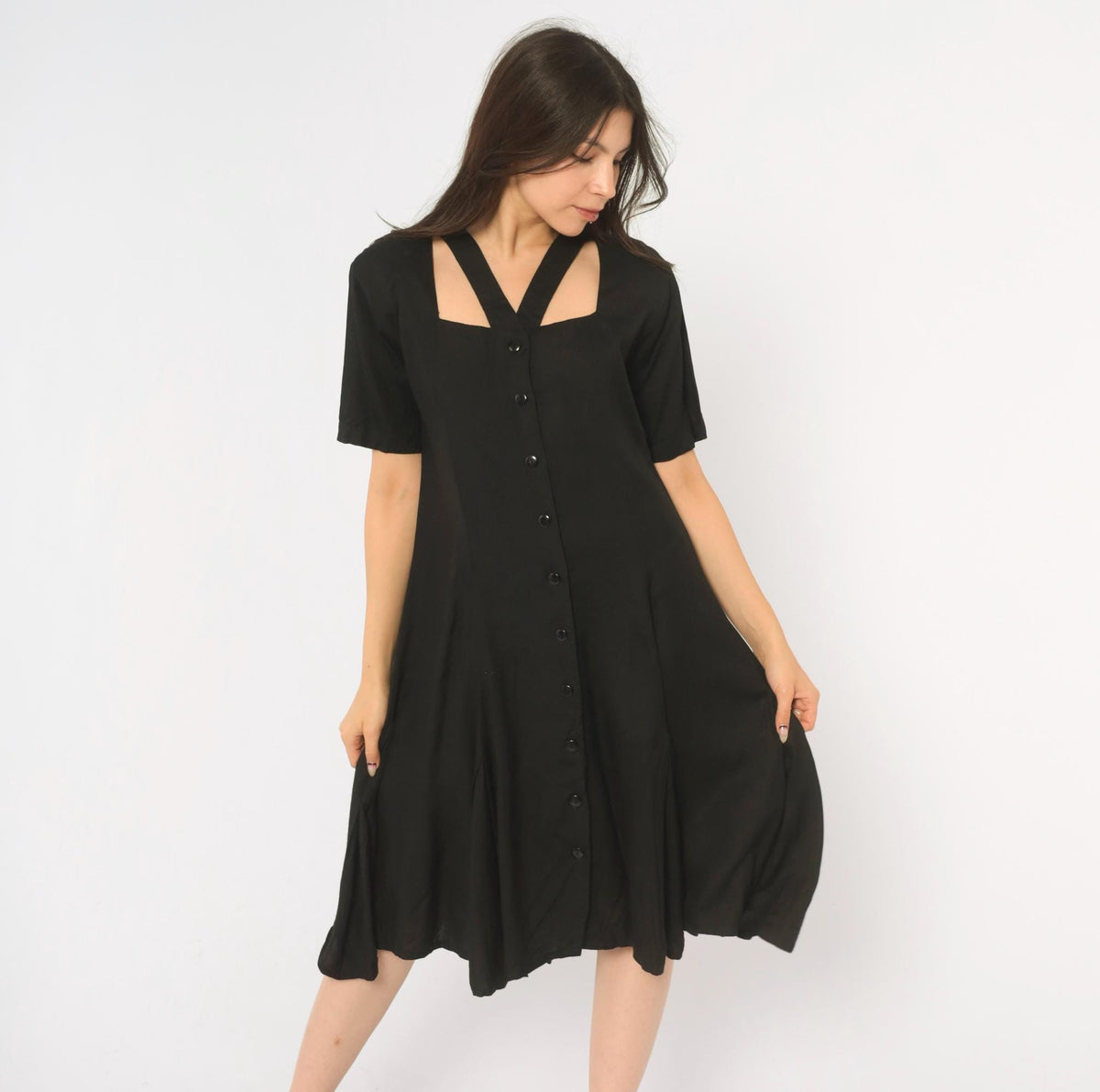 90s Styleworks Black Button Front Dress Square Neck Cutout A-Line Medium