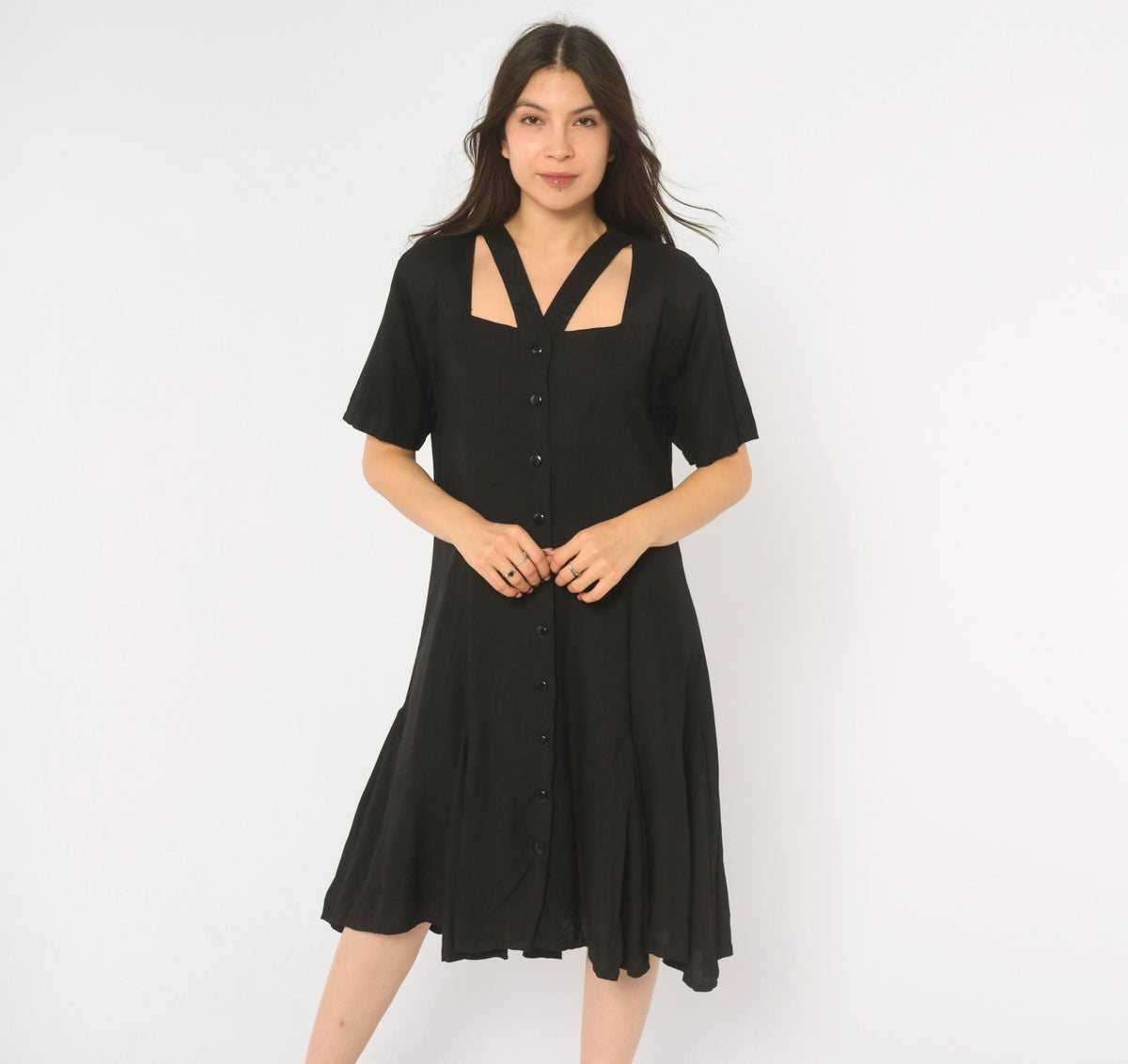 90s Styleworks Black Button Front Dress Square Neck Cutout A-Line Medium