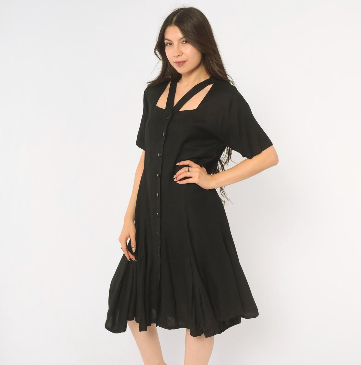 90s Styleworks Black Button Front Dress Square Neck Cutout A-Line Medium