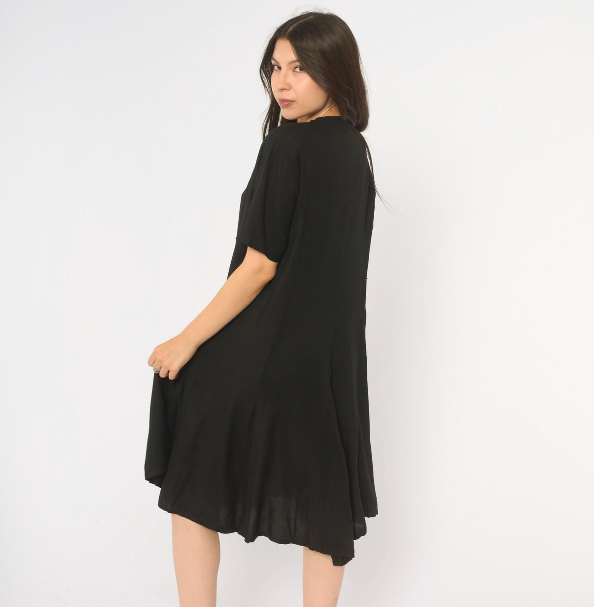 90s Styleworks Black Button Front Dress Square Neck Cutout A-Line Medium