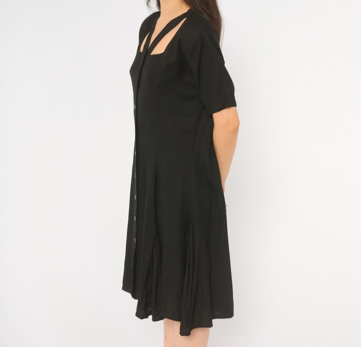 90s Styleworks Black Button Front Dress Square Neck Cutout A-Line Medium