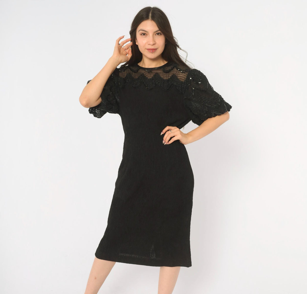 90s Leslie Fay Black Sequin Midi Dress Sheer Yoke Puff Sleeve Medium M