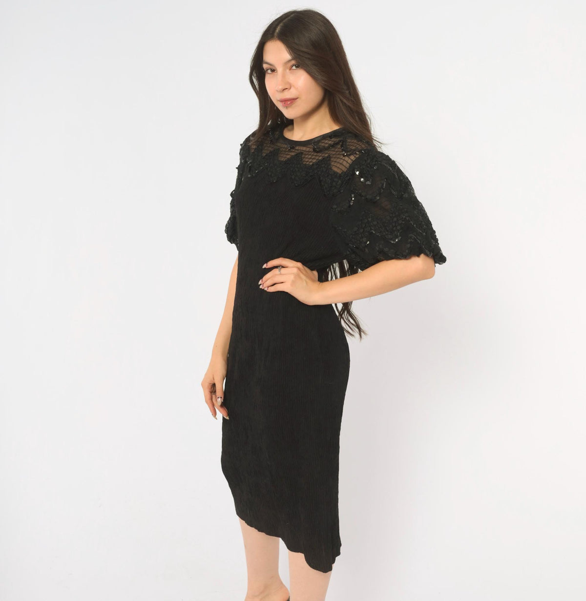 90s Leslie Fay Black Sequin Midi Dress Sheer Yoke Puff Sleeve Medium M