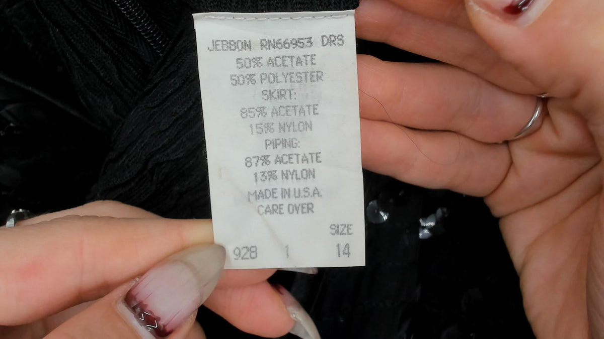 90s Leslie Fay Black Sequin Midi Dress Sheer Yoke Puff Sleeve Medium M