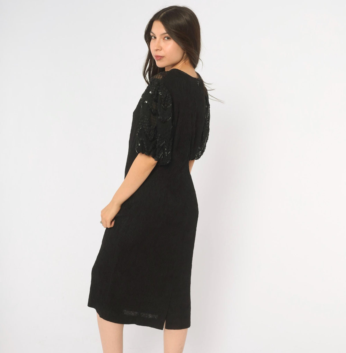 90s Leslie Fay Black Sequin Midi Dress Sheer Yoke Puff Sleeve Medium M