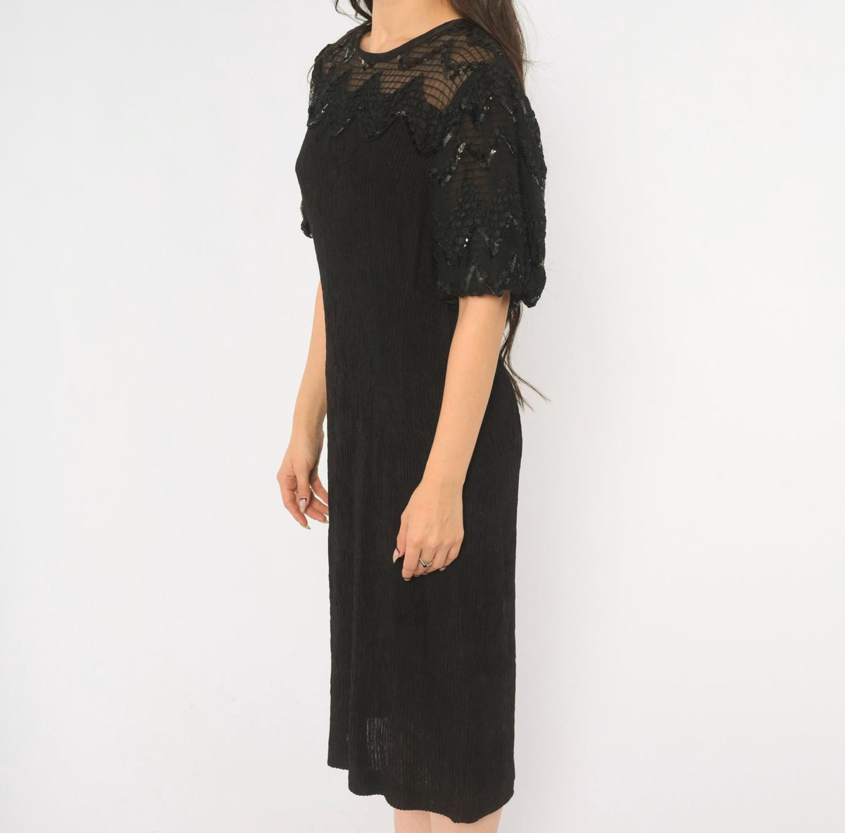 90s Leslie Fay Black Sequin Midi Dress Sheer Yoke Puff Sleeve Medium M