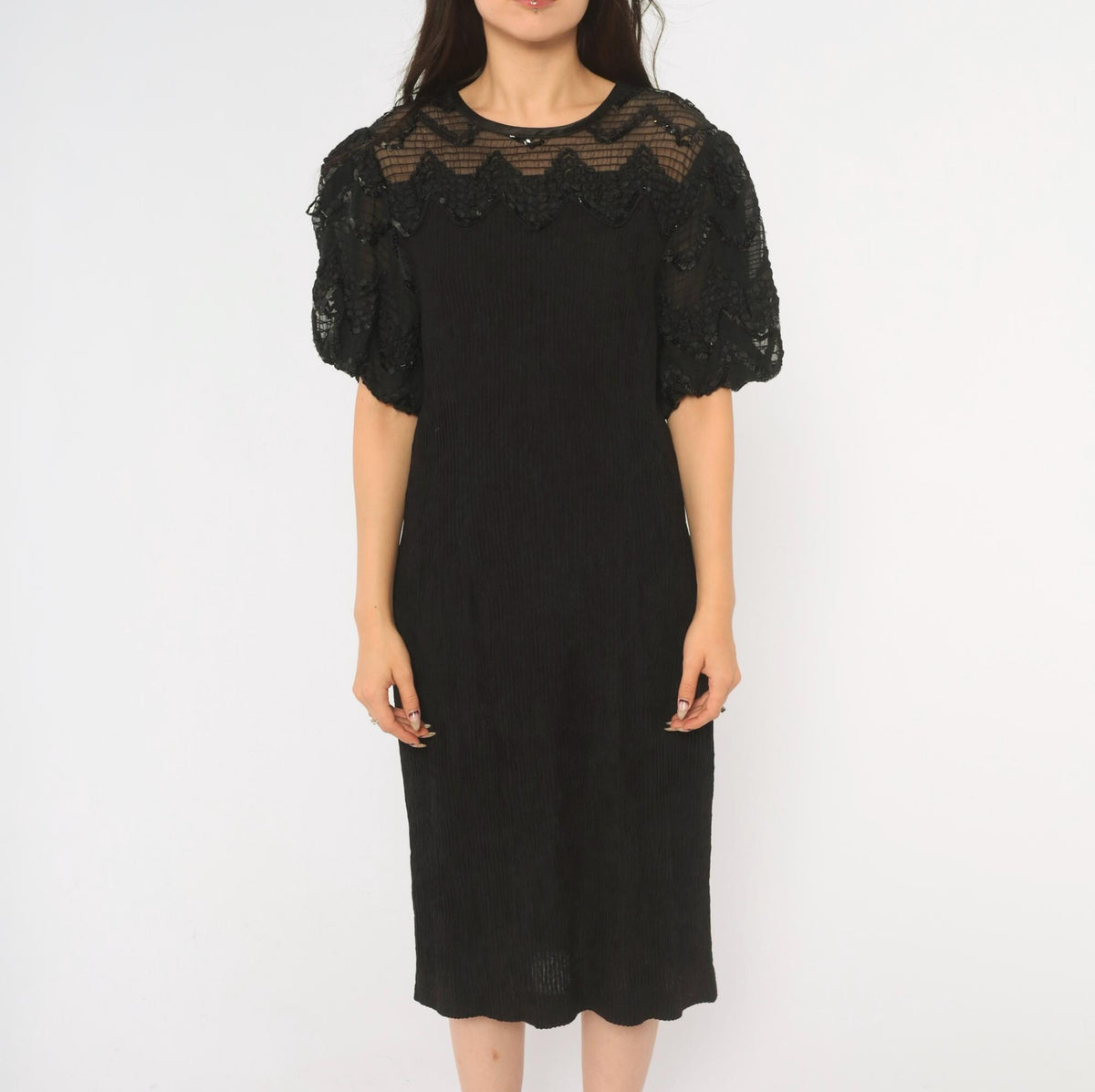 90s Leslie Fay Black Sequin Midi Dress Sheer Yoke Puff Sleeve Medium M
