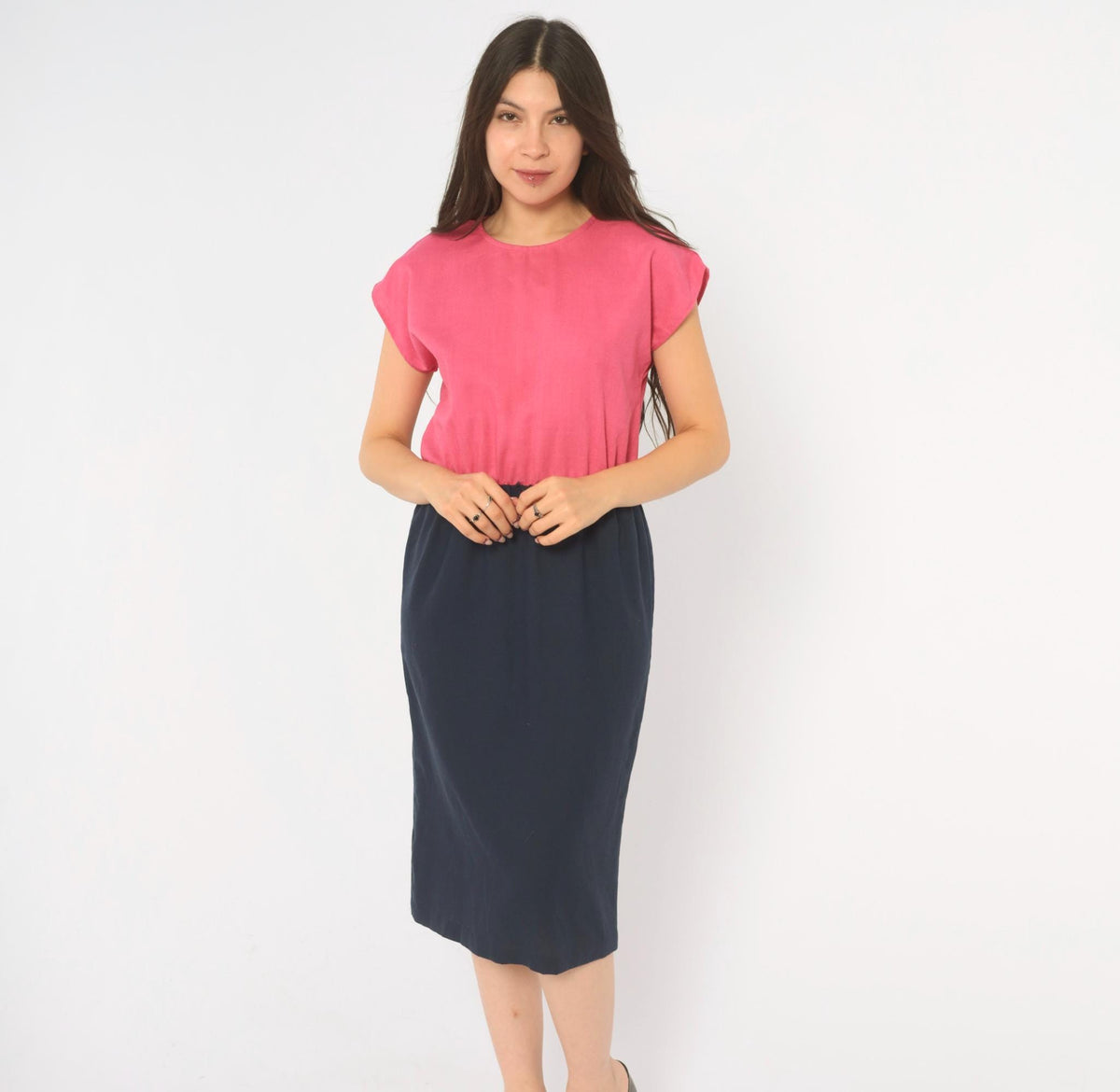 80s Color Block Dress Pink Navy Blouson Cap Sleeve Pencil Small
