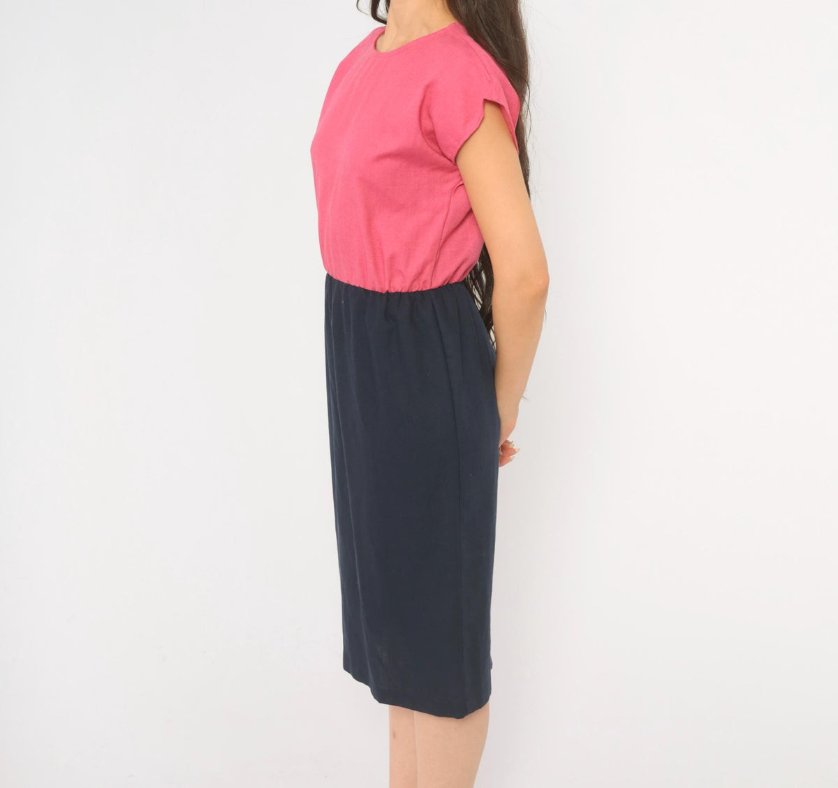 80s Color Block Dress Pink Navy Blouson Cap Sleeve Pencil Small