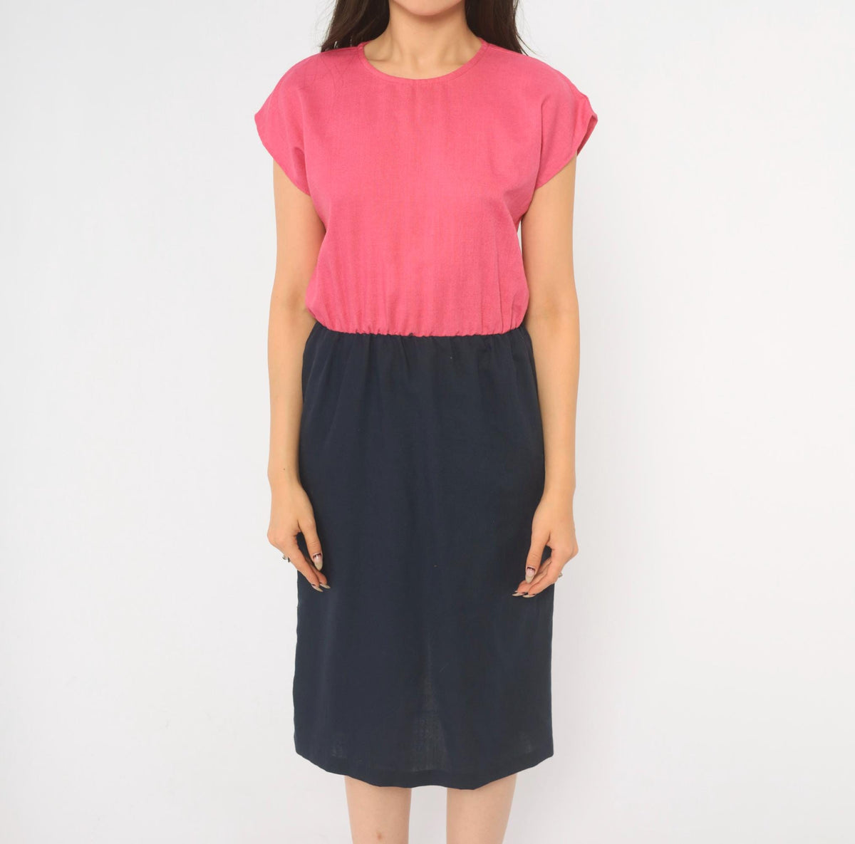 80s Color Block Dress Pink Navy Blouson Cap Sleeve Pencil Small
