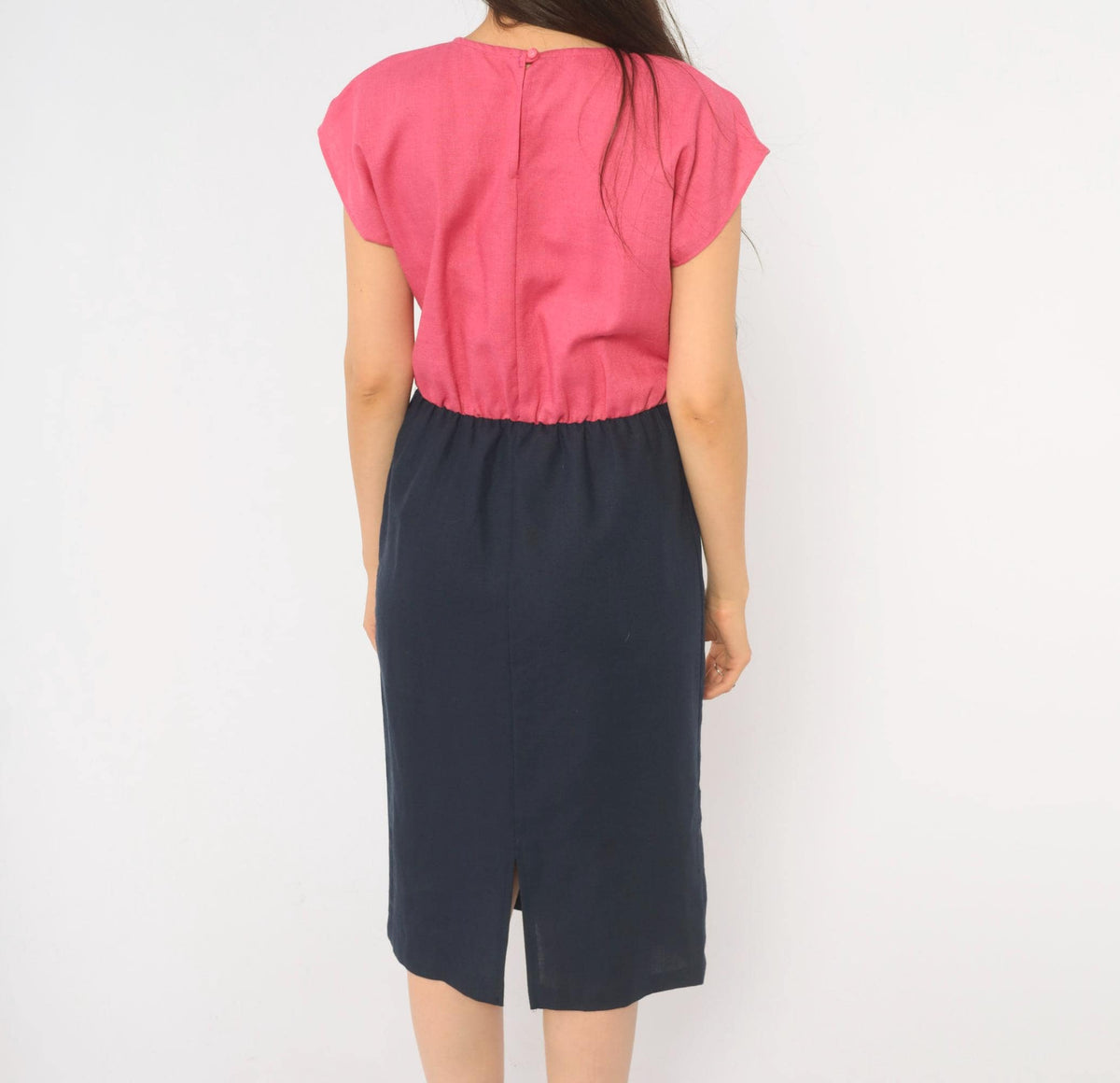 80s Color Block Dress Pink Navy Blouson Cap Sleeve Pencil Small
