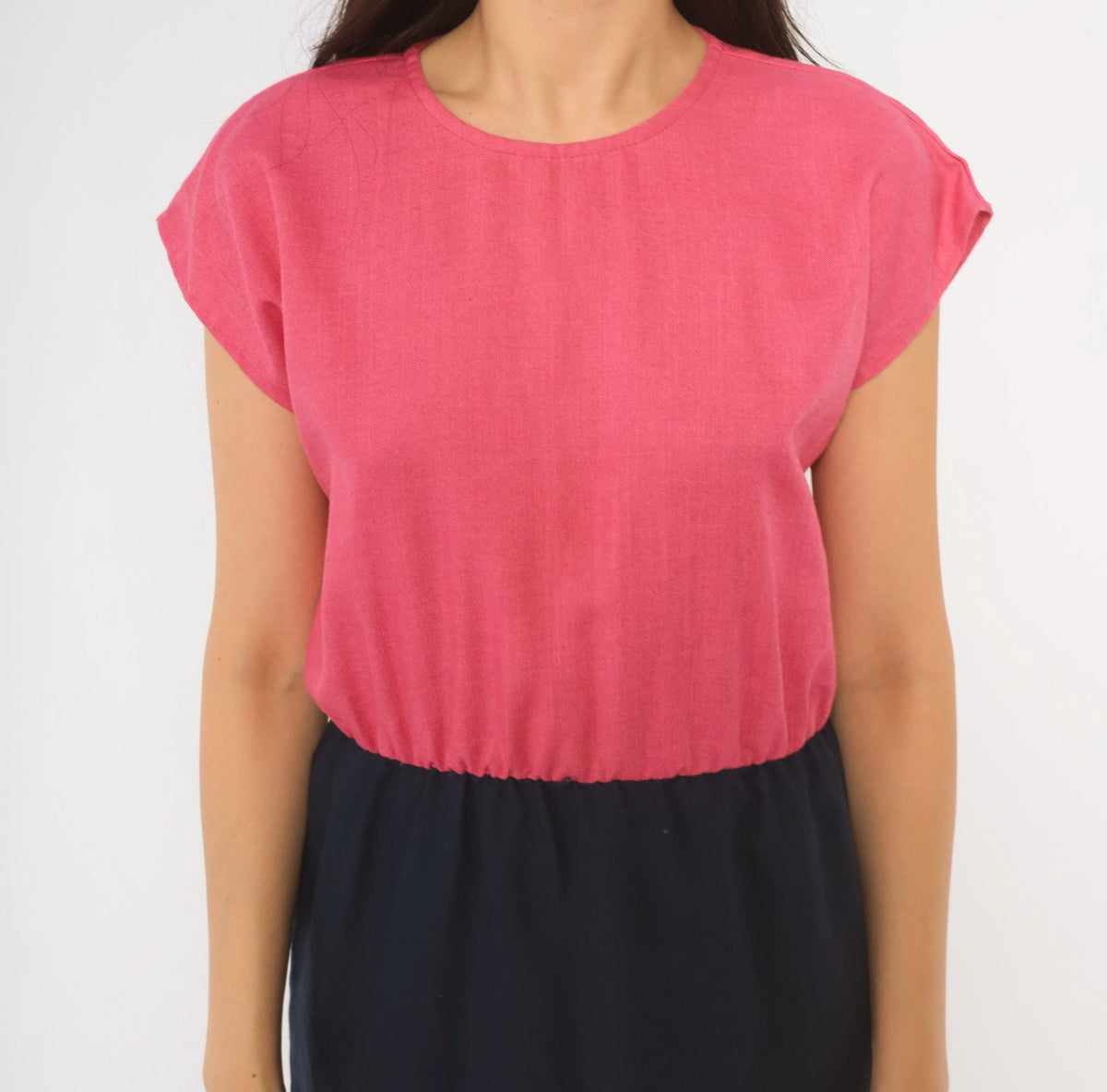 80s Color Block Dress Pink Navy Blouson Cap Sleeve Pencil Small