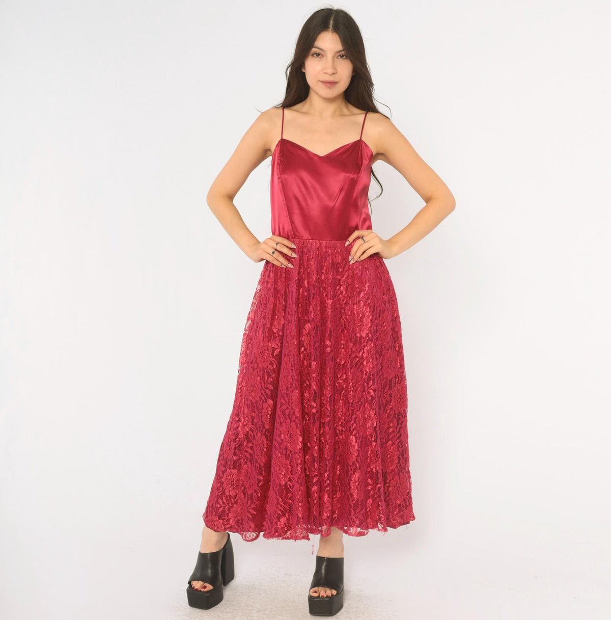 70s Burgundy Lace Evening Dress Satin Cowl Neck Spaghetti Strap Ankle Length Medium