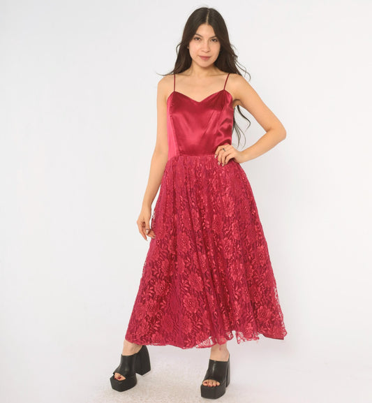 70s Burgundy Lace Evening Dress Satin Cowl Neck Spaghetti Strap Ankle Length Medium