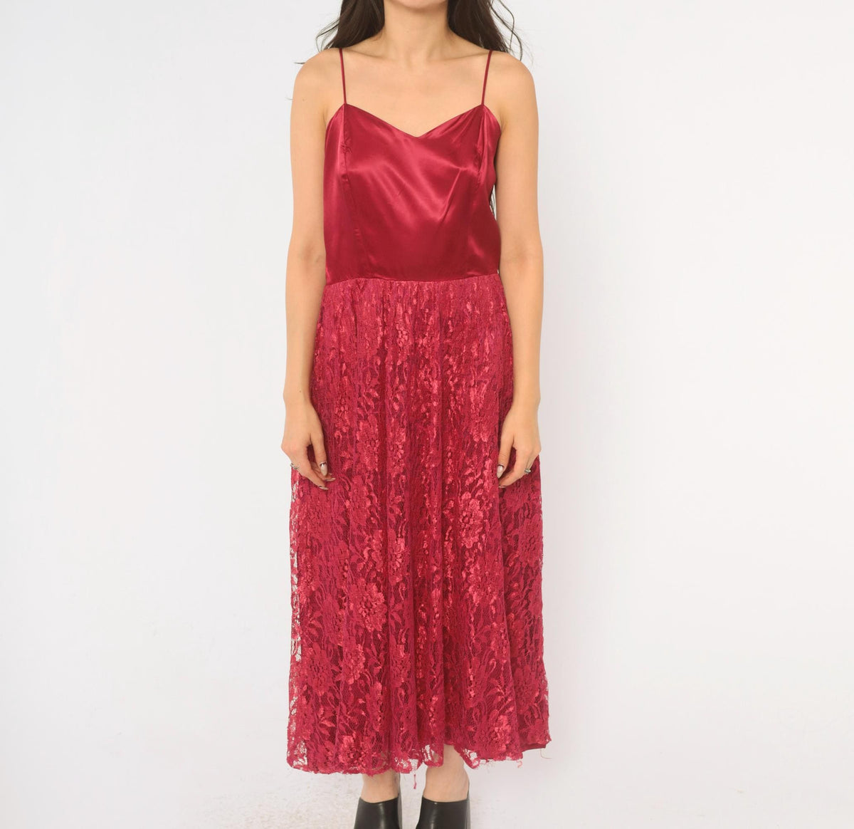70s Burgundy Lace Evening Dress Satin Cowl Neck Spaghetti Strap Ankle Length Medium