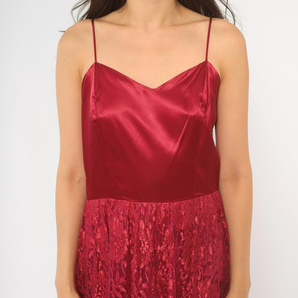 70s Burgundy Lace Evening Dress Satin Cowl Neck Spaghetti Strap Ankle Length Medium