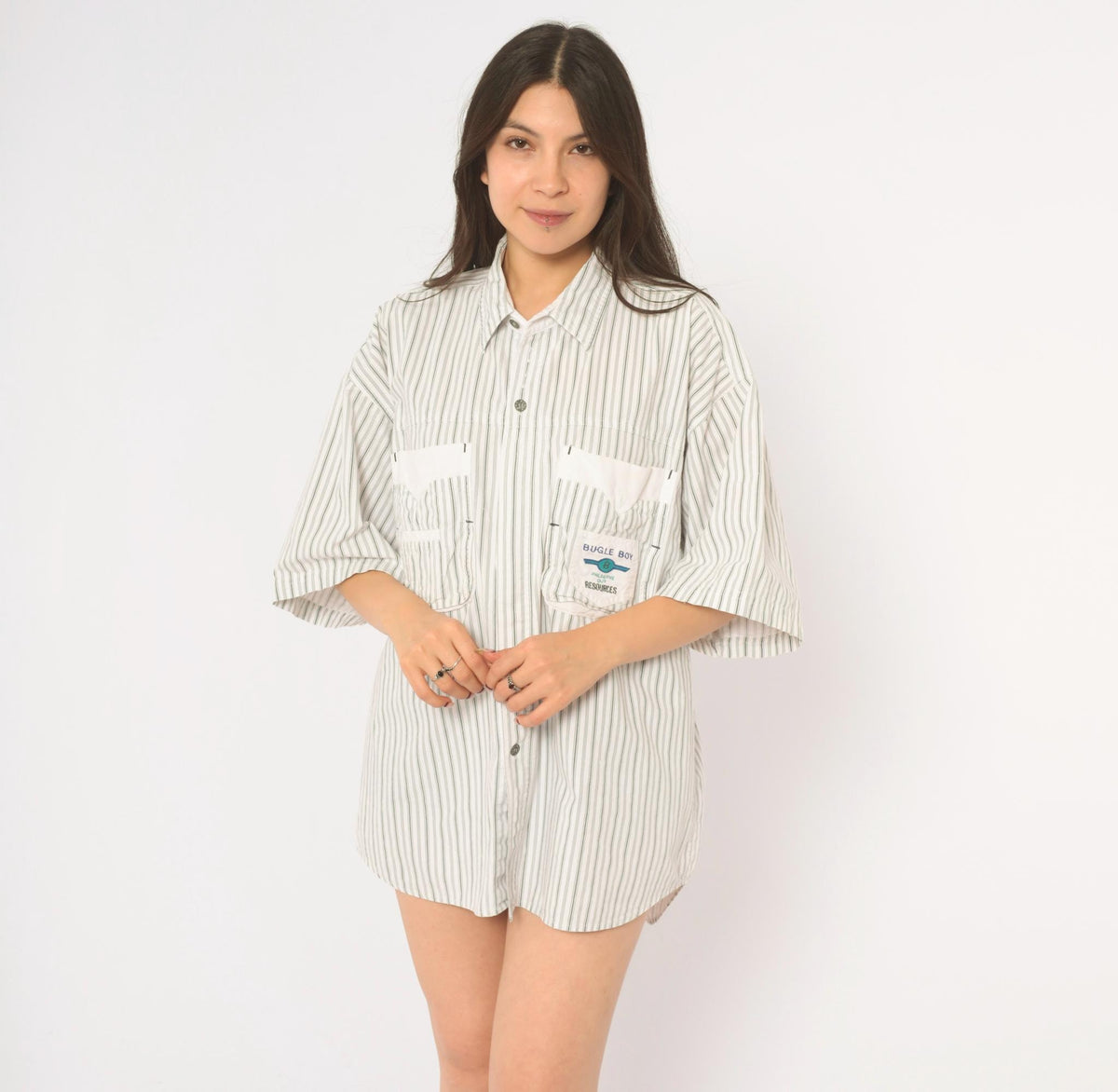 90s Bugle Boy Pinstripe Cotton Shirt White Grey Button Front Extra Large XL