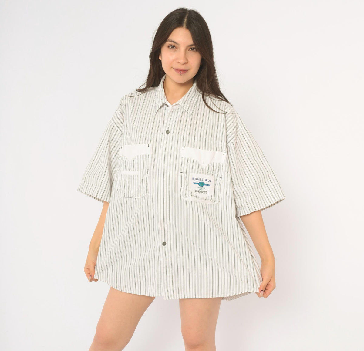 90s Bugle Boy Pinstripe Cotton Shirt White Grey Button Front Extra Large XL
