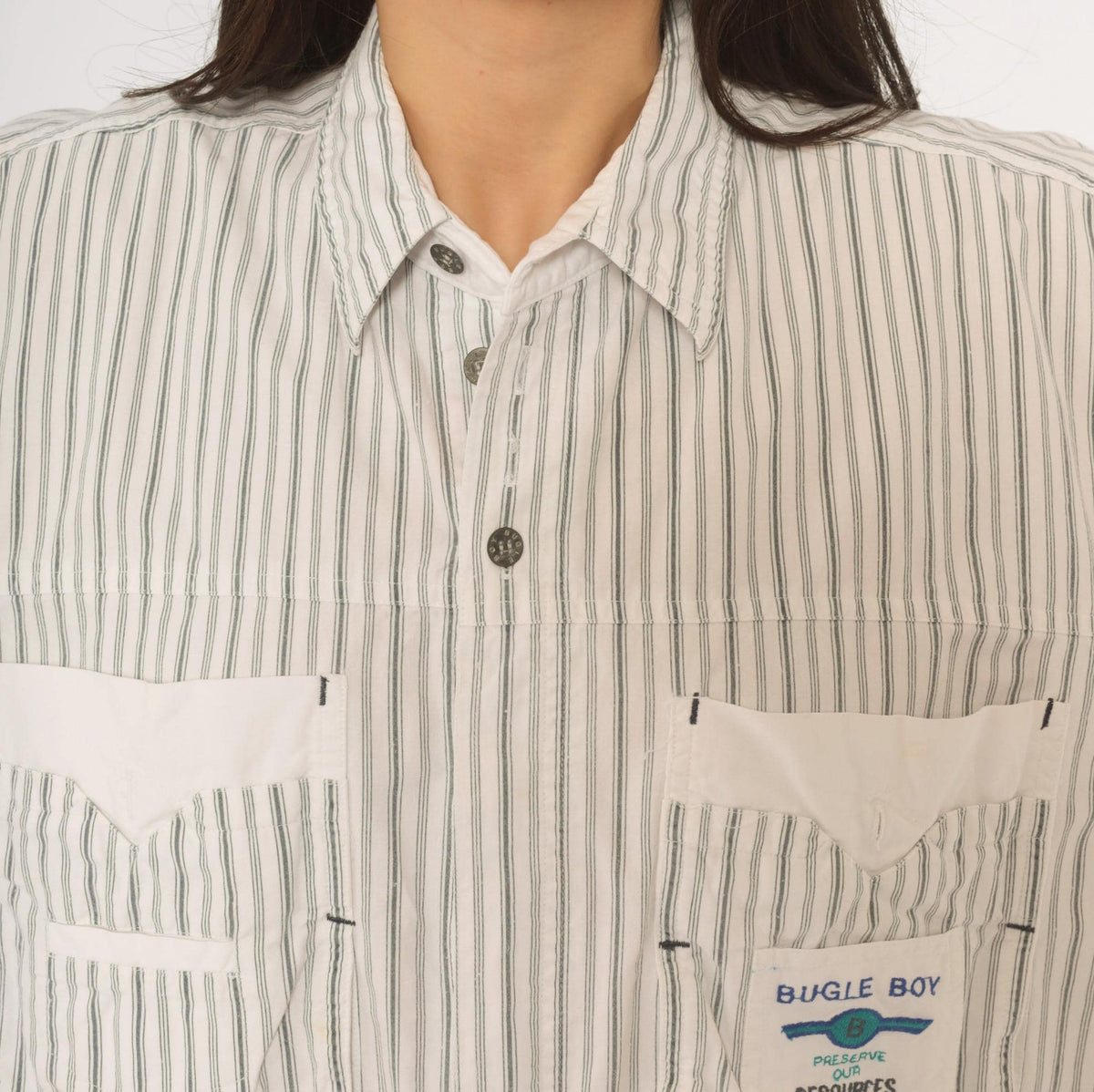90s Bugle Boy Pinstripe Cotton Shirt White Grey Button Front Extra Large XL