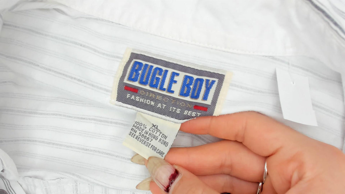 90s Bugle Boy Pinstripe Cotton Shirt White Grey Button Front Extra Large XL