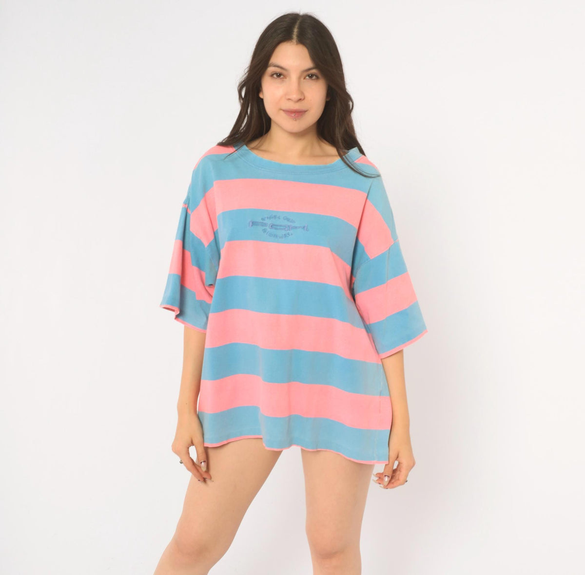90s Pacific Coast Highway Rugby Stripe T-Shirt Pink Blue Cotton Extra Large