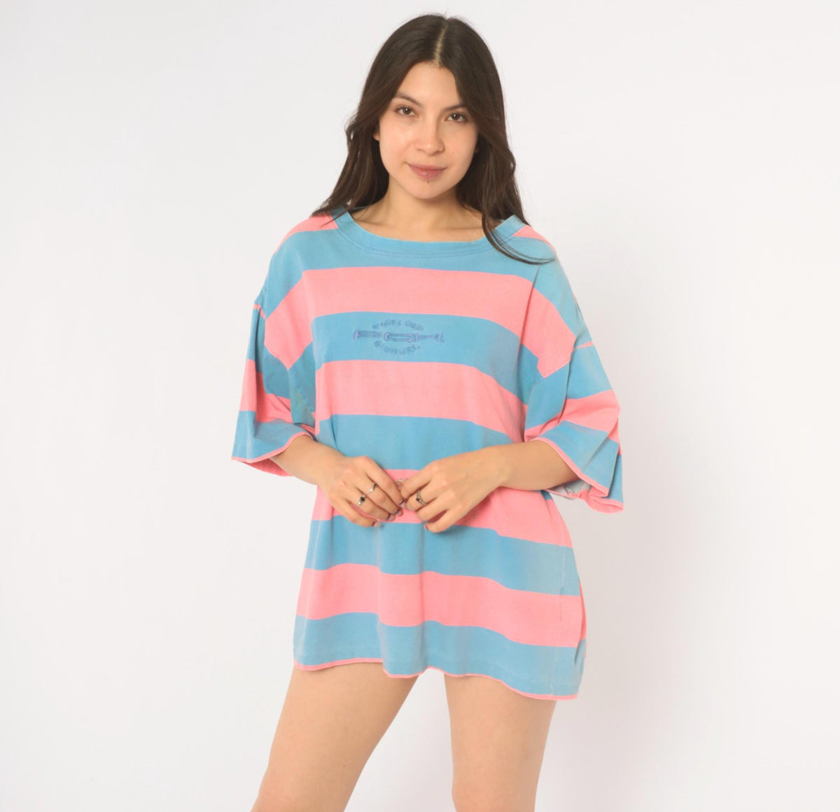 90s Pacific Coast Highway Rugby Stripe T-Shirt Pink Blue Cotton Extra Large