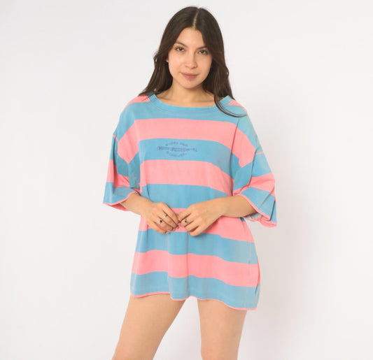 90s Pacific Coast Highway Rugby Stripe T-Shirt Pink Blue Cotton Extra Large
